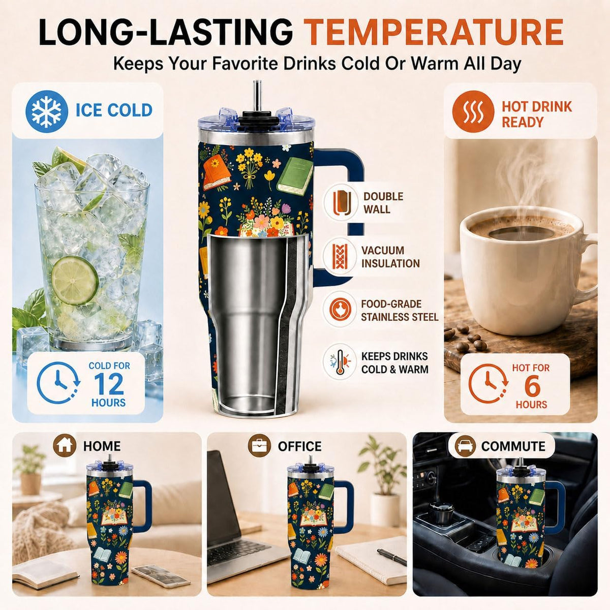 Sea Turtle Tumbler 40 oz with Handle, Ocean Lover Gifts for Women, Insulated Stainless Steel Cup with Straw, Beach Lover Gift for Sea Turtle Lovers, Coastal Travel Drinkware