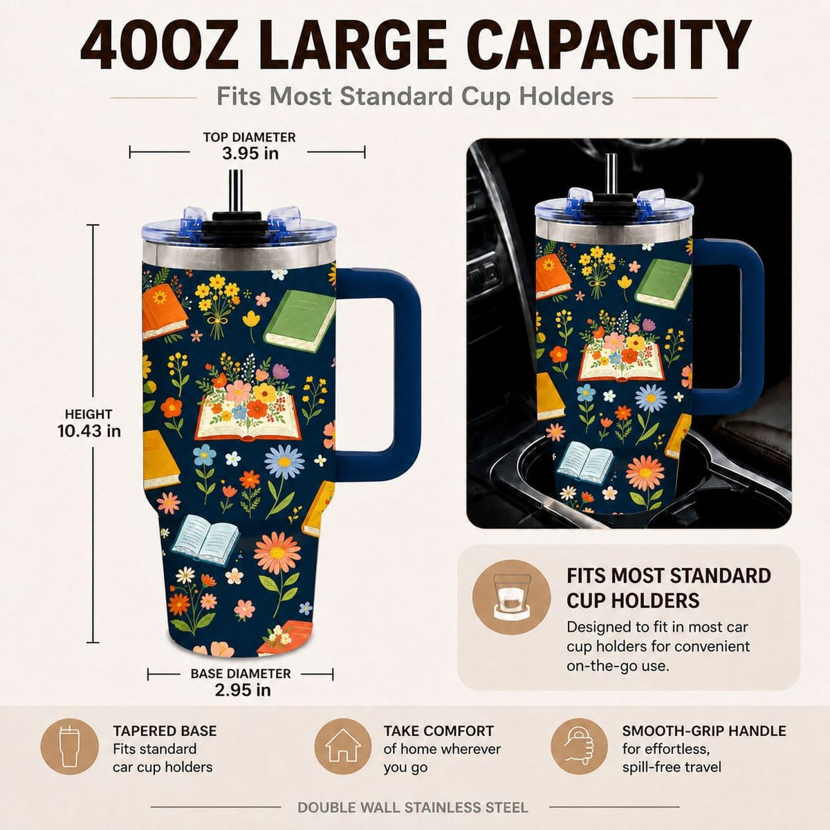 Sea Turtle Tumbler 40 oz with Handle, Ocean Lover Gifts for Women, Insulated Stainless Steel Cup with Straw, Beach Lover Gift for Sea Turtle Lovers, Coastal Travel Drinkware