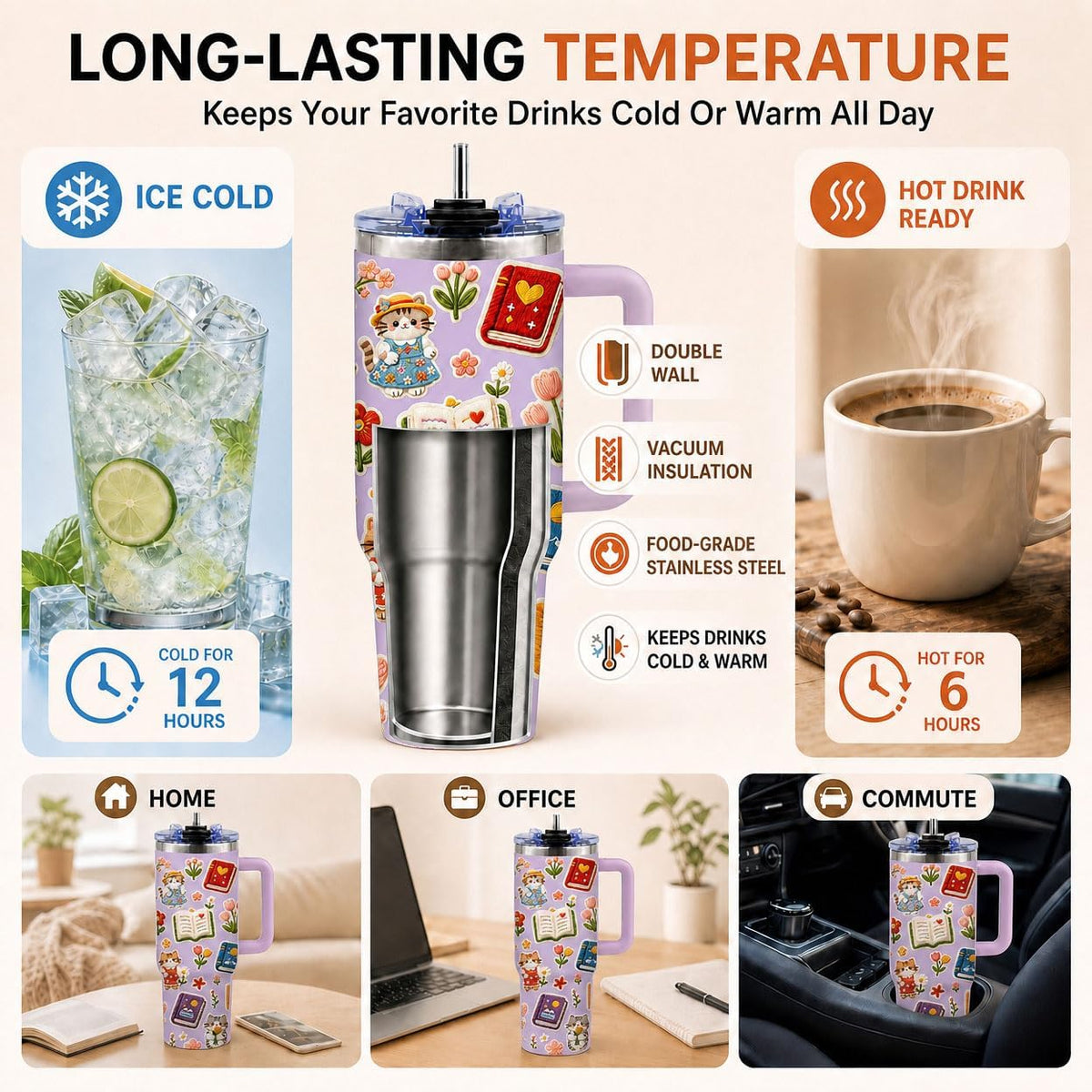 Sea Turtle Tumbler 40 oz with Handle, Ocean Lover Gifts for Women, Insulated Stainless Steel Cup with Straw, Beach Lover Gift for Sea Turtle Lovers, Coastal Travel Drinkware