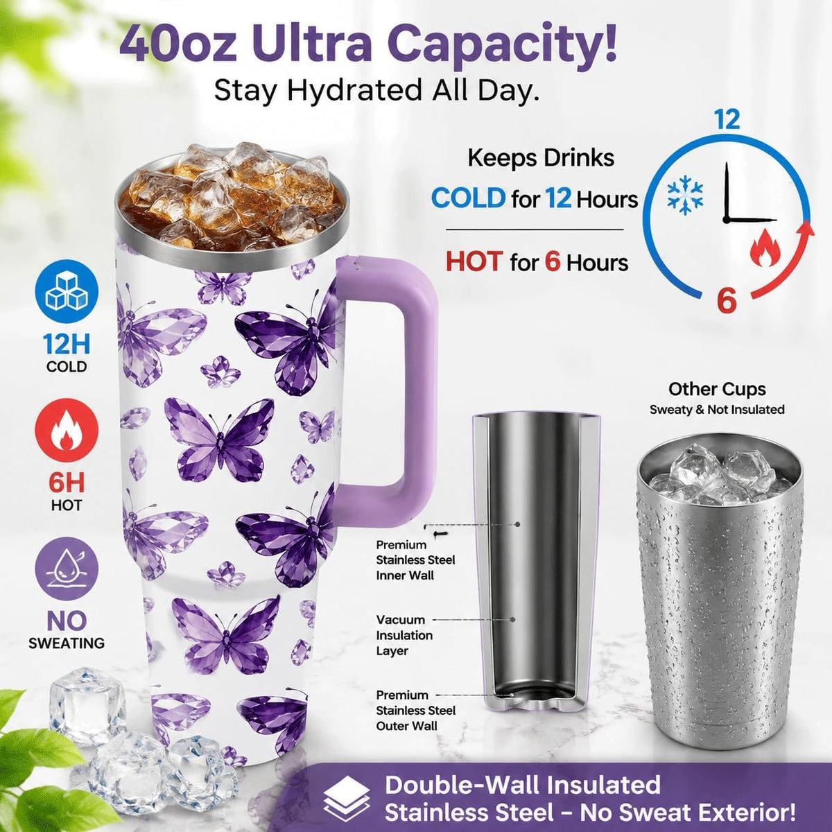 Sea Turtle Tumbler 40 oz with Handle, Ocean Lover Gifts for Women, Insulated Stainless Steel Cup with Straw, Beach Lover Gift for Sea Turtle Lovers, Coastal Travel Drinkware