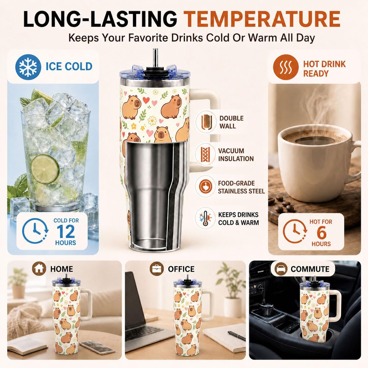 Sea Turtle Tumbler 40 oz with Handle, Ocean Lover Gifts for Women, Insulated Stainless Steel Cup with Straw, Beach Lover Gift for Sea Turtle Lovers, Coastal Travel Drinkware