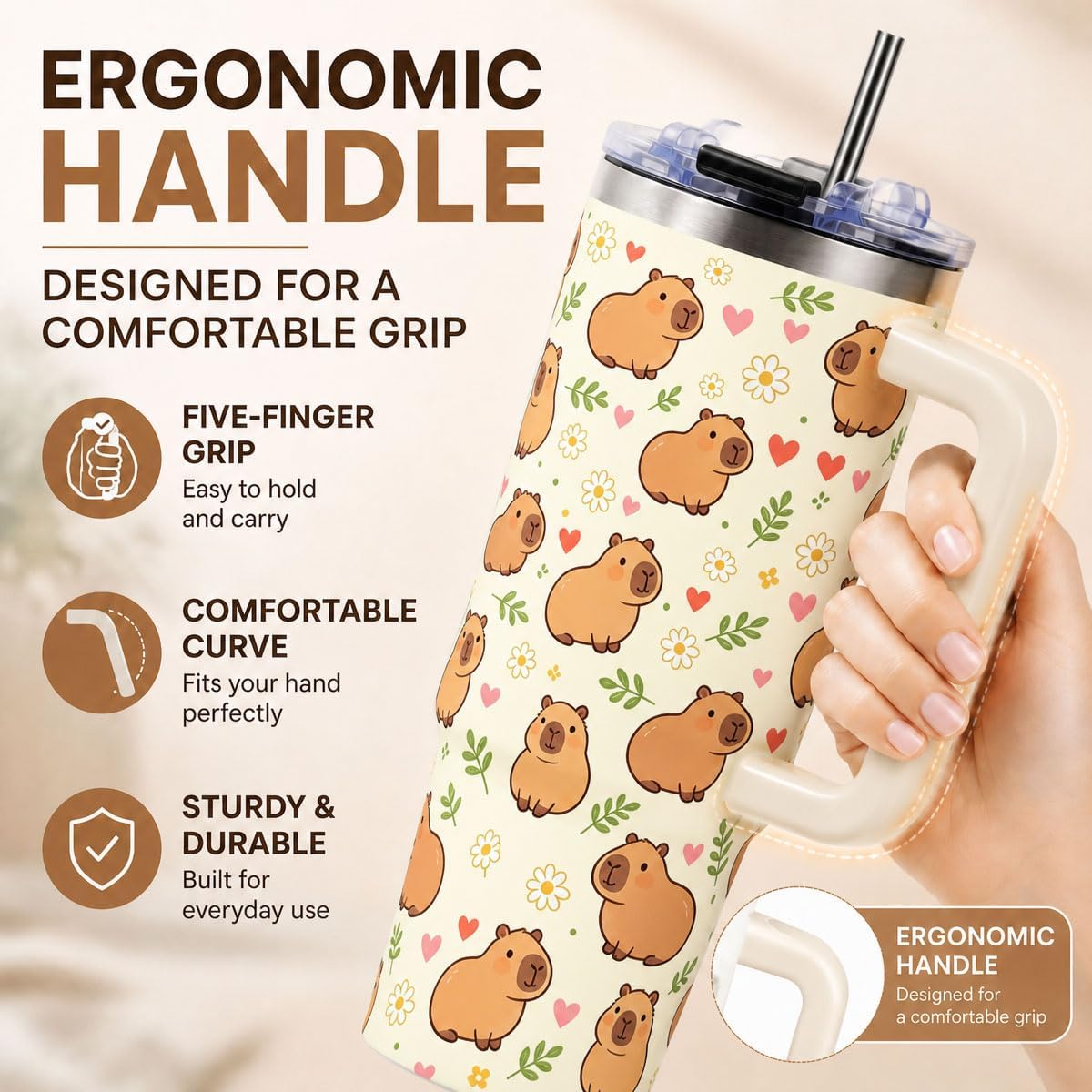 Sea Turtle Tumbler 40 oz with Handle, Ocean Lover Gifts for Women, Insulated Stainless Steel Cup with Straw, Beach Lover Gift for Sea Turtle Lovers, Coastal Travel Drinkware