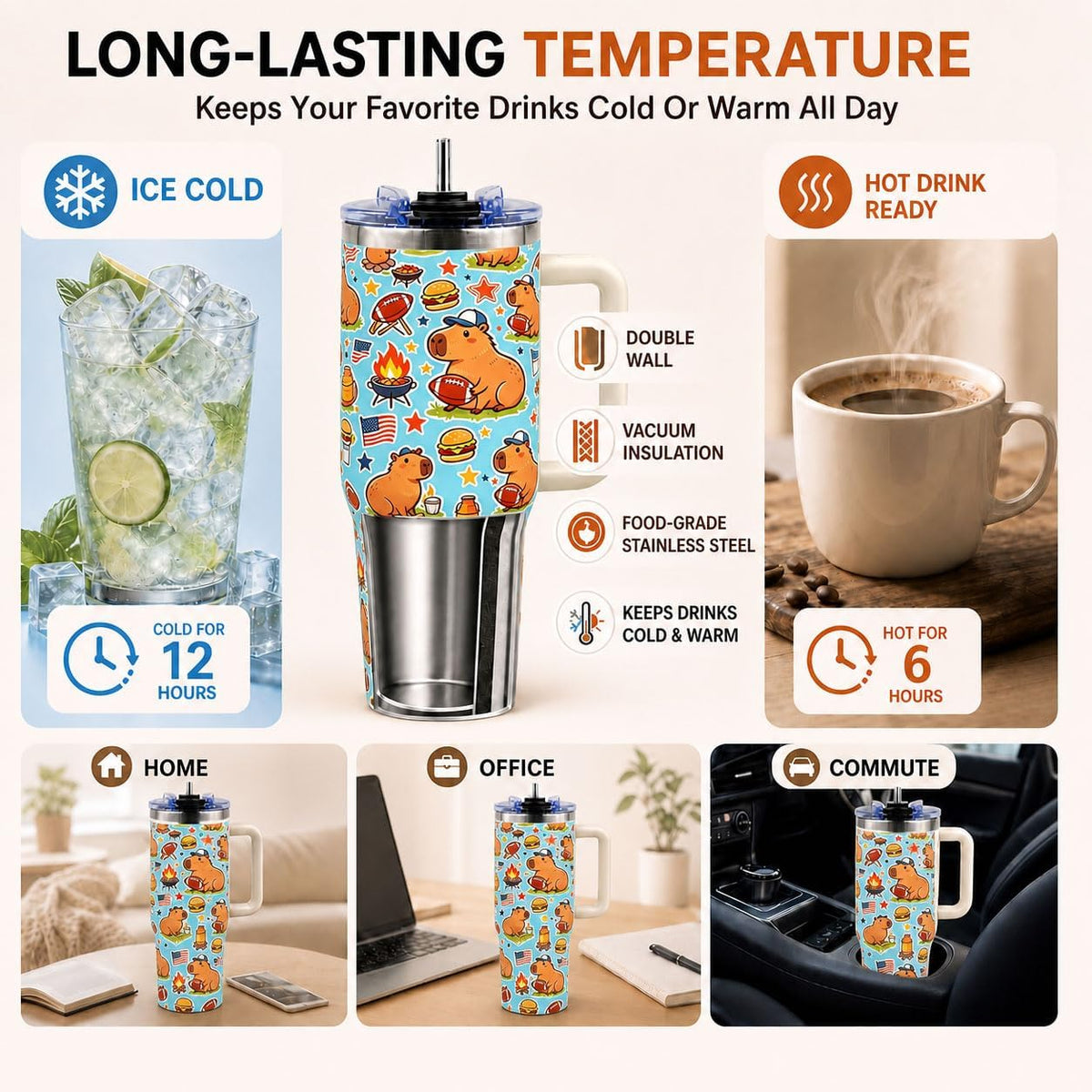 Sea Turtle Tumbler 40 oz with Handle, Ocean Lover Gifts for Women, Insulated Stainless Steel Cup with Straw, Beach Lover Gift for Sea Turtle Lovers, Coastal Travel Drinkware
