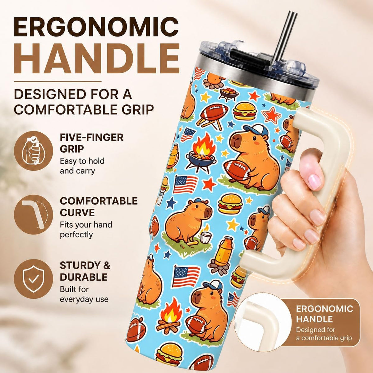 Sea Turtle Tumbler 40 oz with Handle, Ocean Lover Gifts for Women, Insulated Stainless Steel Cup with Straw, Beach Lover Gift for Sea Turtle Lovers, Coastal Travel Drinkware
