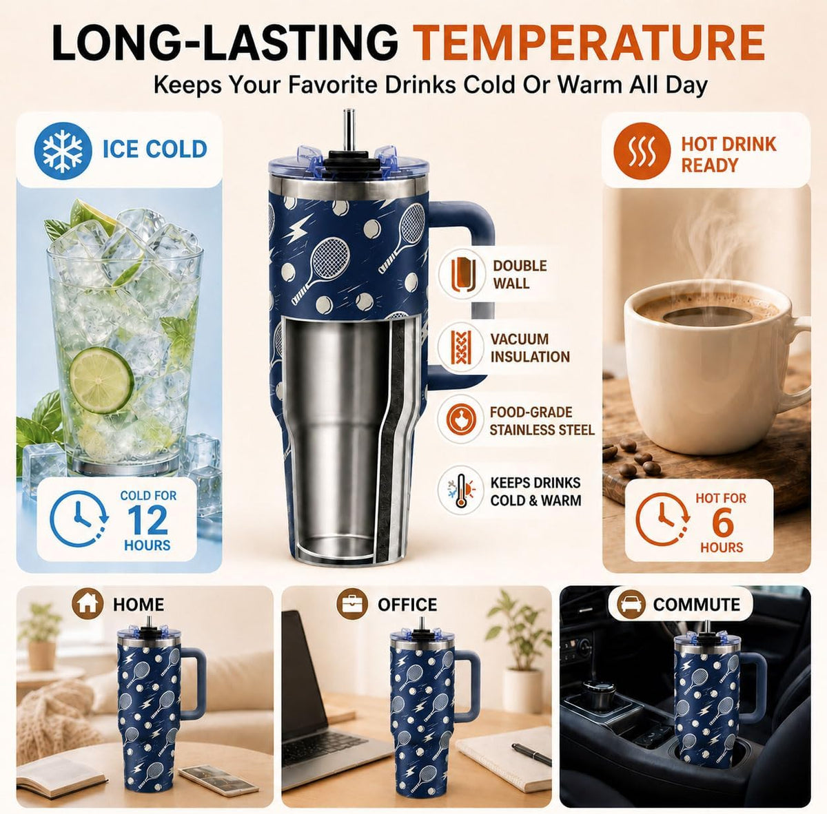 Sea Turtle Tumbler 40 oz with Handle, Ocean Lover Gifts for Women, Insulated Stainless Steel Cup with Straw, Beach Lover Gift for Sea Turtle Lovers, Coastal Travel Drinkware