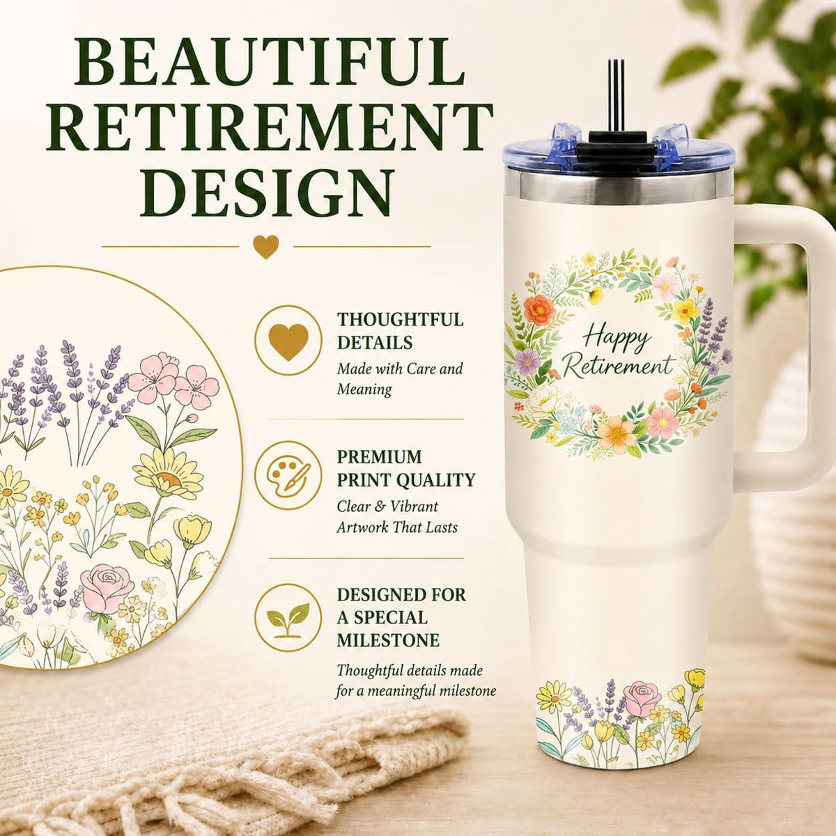 Sea Turtle Tumbler 40 oz with Handle, Ocean Lover Gifts for Women, Insulated Stainless Steel Cup with Straw, Beach Lover Gift for Sea Turtle Lovers, Coastal Travel Drinkware