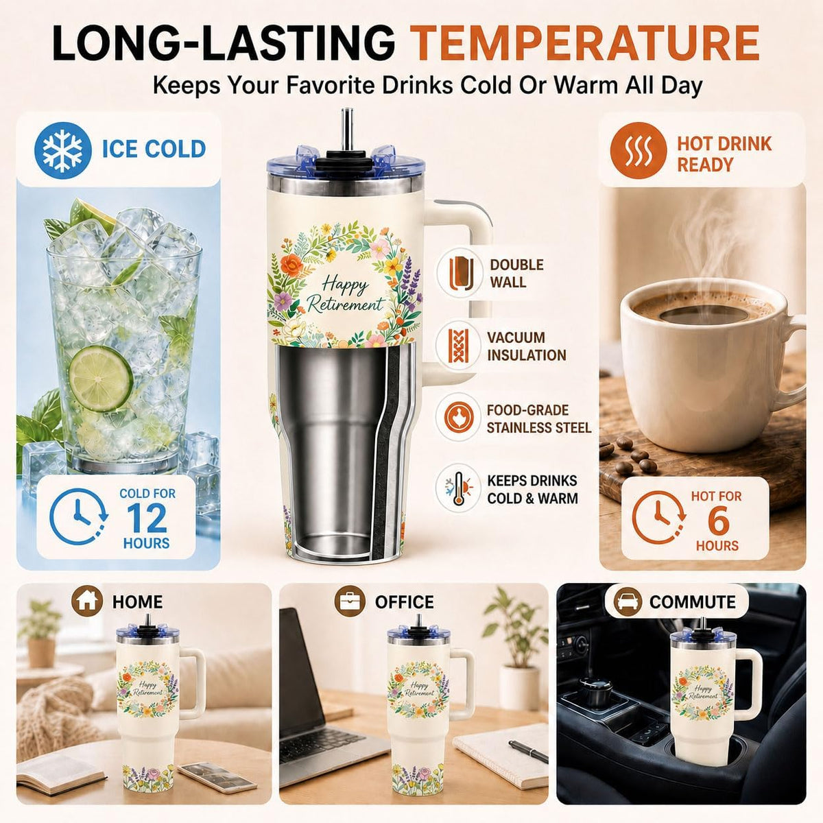 Sea Turtle Tumbler 40 oz with Handle, Ocean Lover Gifts for Women, Insulated Stainless Steel Cup with Straw, Beach Lover Gift for Sea Turtle Lovers, Coastal Travel Drinkware