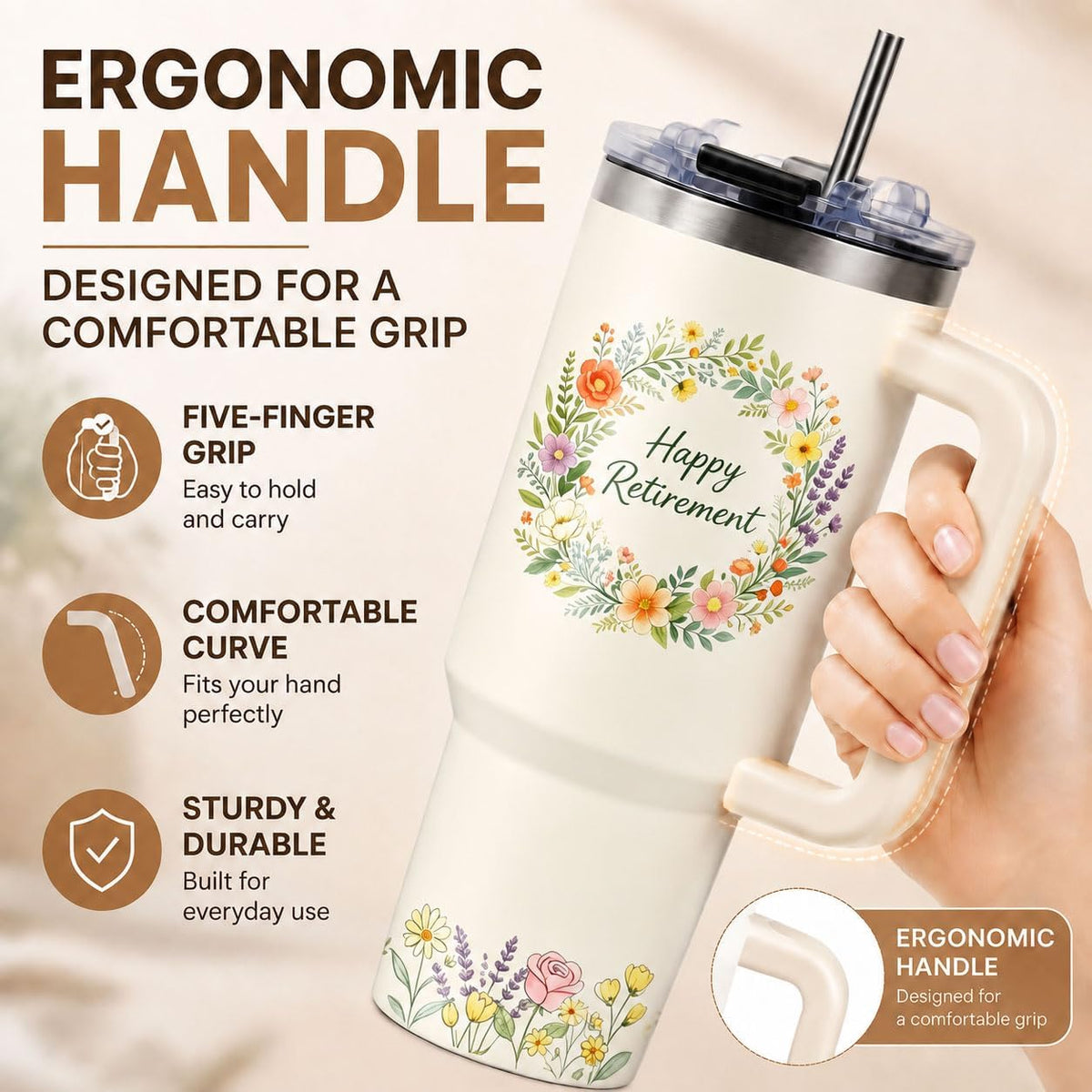 Sea Turtle Tumbler 40 oz with Handle, Ocean Lover Gifts for Women, Insulated Stainless Steel Cup with Straw, Beach Lover Gift for Sea Turtle Lovers, Coastal Travel Drinkware