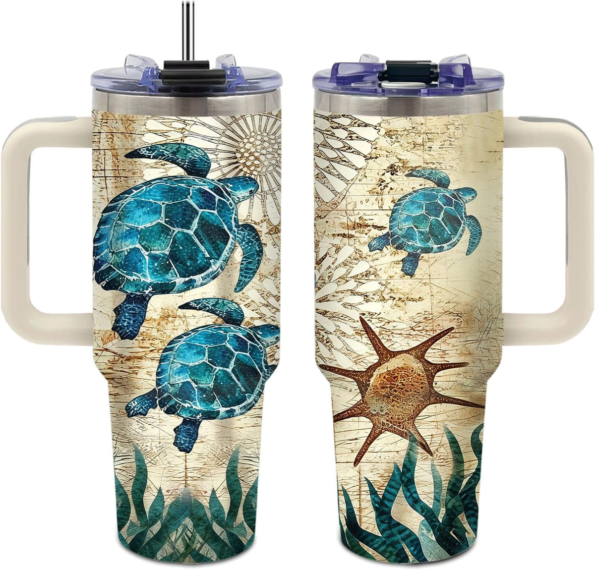 Sea Turtle Tumbler 40 oz with Handle, Ocean Lover Gifts for Women, Insulated Stainless Steel Cup with Straw, Beach Lover Gift for Sea Turtle Lovers, Coastal Travel Drinkware