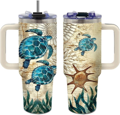 Sea Turtle Tumbler 40 oz with Handle, Ocean Lover Gifts for Women, Insulated Stainless Steel Cup with Straw, Beach Lover Gift for Sea Turtle Lovers, Coastal Travel Drinkware