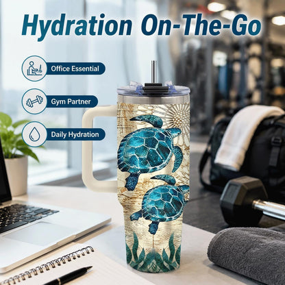 Sea Turtle Tumbler 40 oz with Handle, Ocean Lover Gifts for Women, Insulated Stainless Steel Cup with Straw, Beach Lover Gift for Sea Turtle Lovers, Coastal Travel Drinkware