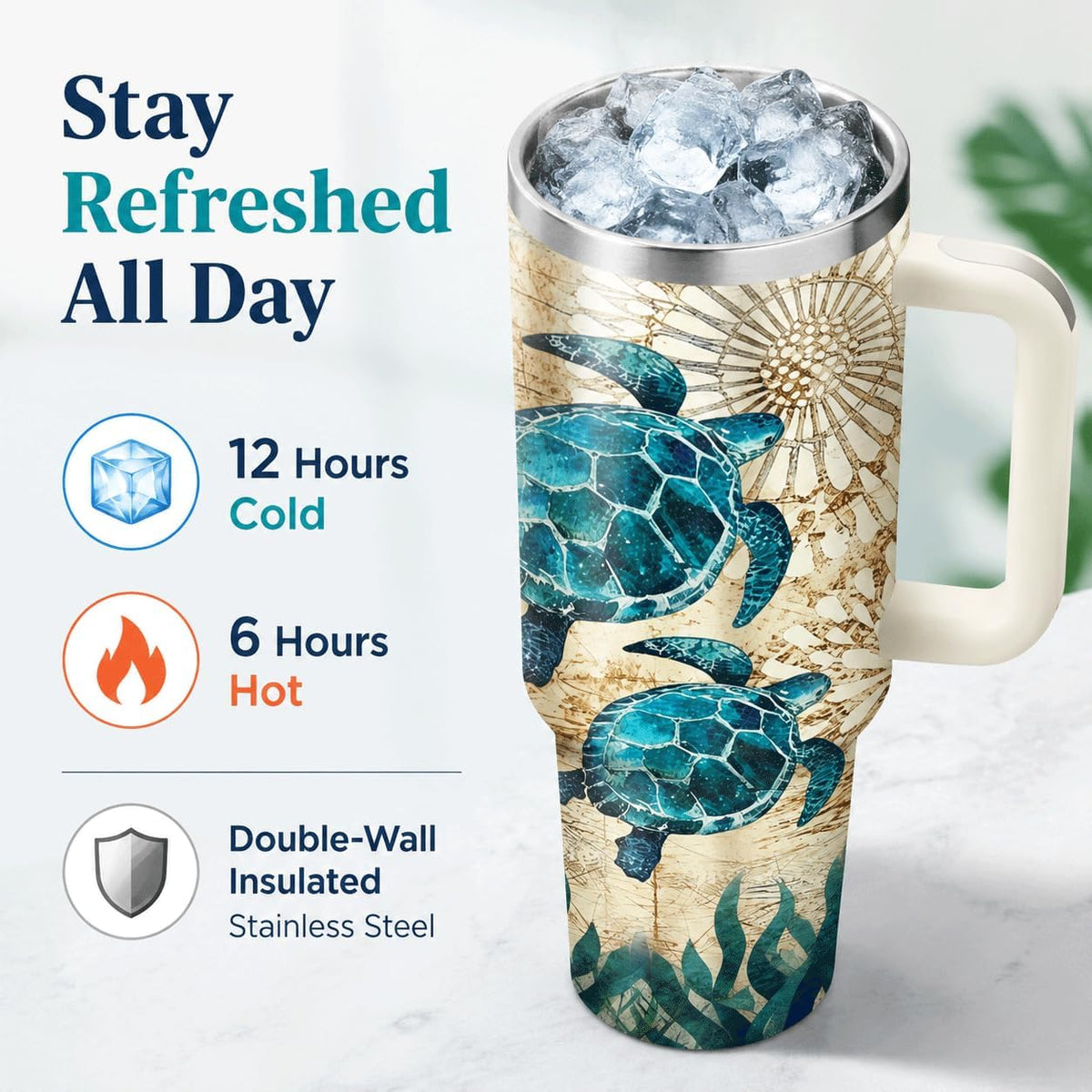 Sea Turtle Tumbler 40 oz with Handle, Ocean Lover Gifts for Women, Insulated Stainless Steel Cup with Straw, Beach Lover Gift for Sea Turtle Lovers, Coastal Travel Drinkware