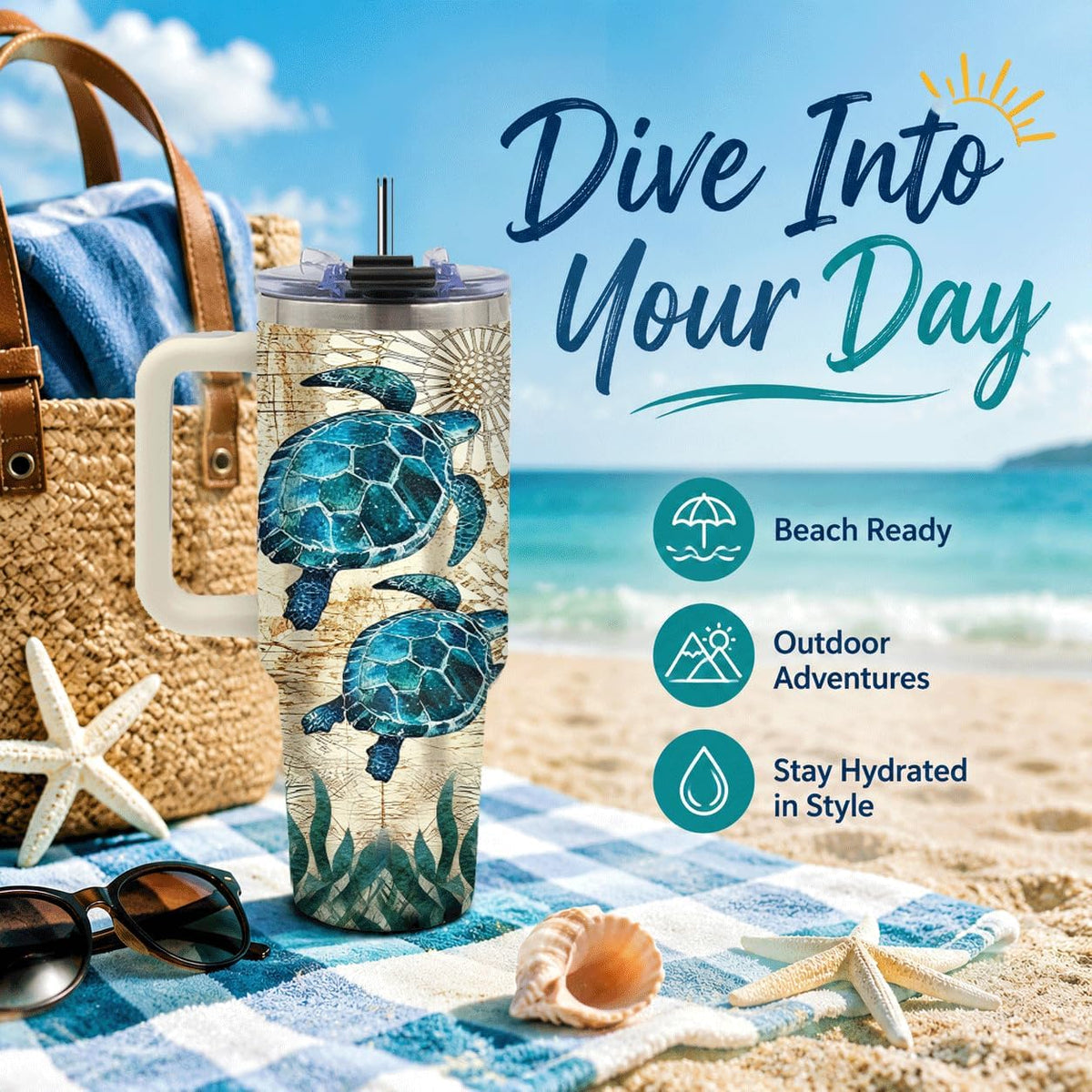 Sea Turtle Tumbler 40 oz with Handle, Ocean Lover Gifts for Women, Insulated Stainless Steel Cup with Straw, Beach Lover Gift for Sea Turtle Lovers, Coastal Travel Drinkware