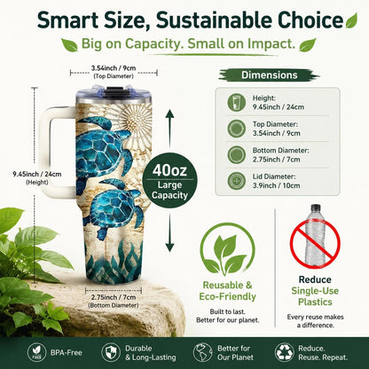 Sea Turtle Tumbler 40 oz with Handle, Ocean Lover Gifts for Women, Insulated Stainless Steel Cup with Straw, Beach Lover Gift for Sea Turtle Lovers, Coastal Travel Drinkware