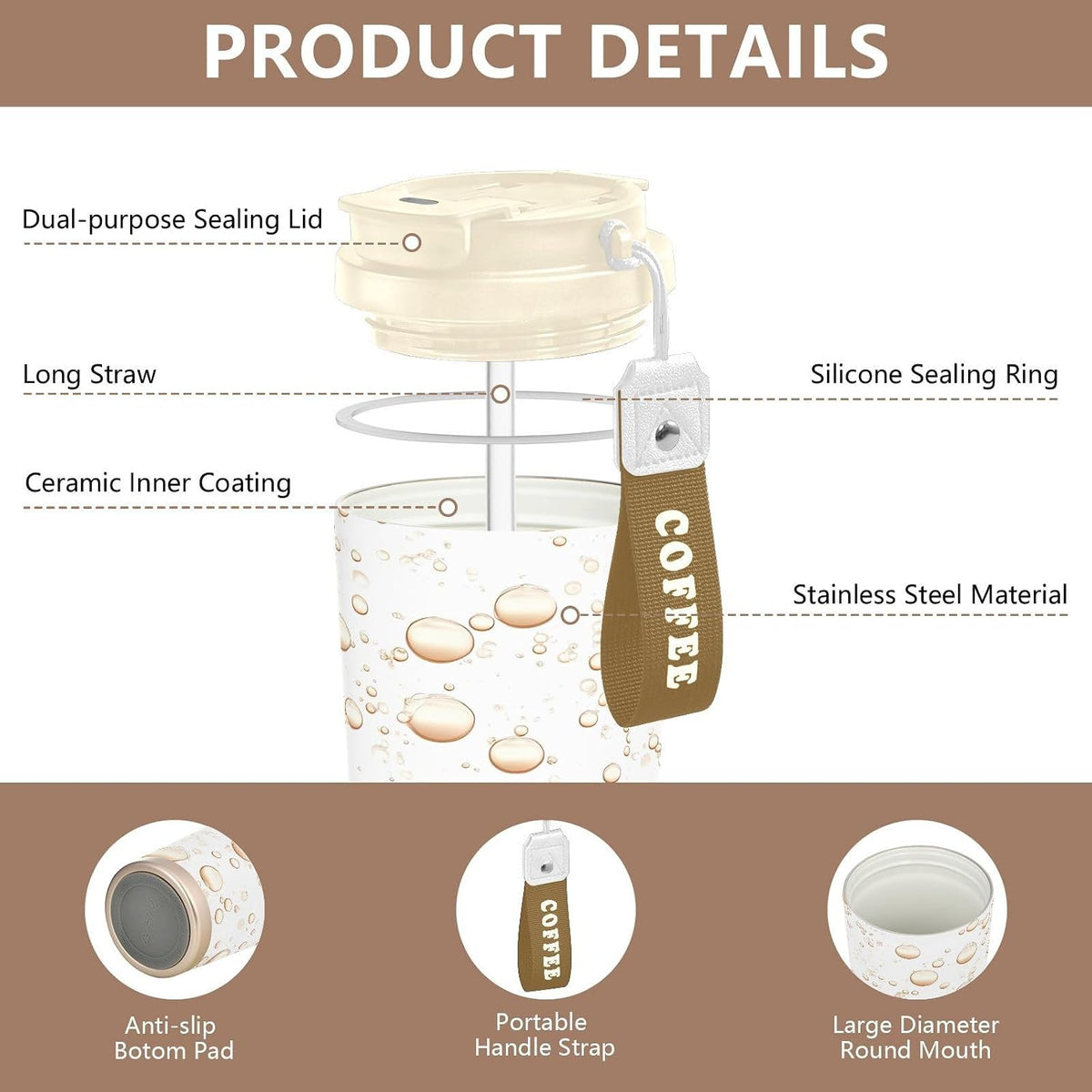 Bubbles Insulated Travel Coffee Mug Leak-Proof Tumbler with Lid and Straw Stainless Steel Water Bottle for Hot/Ice Coffee,Tea and Beer