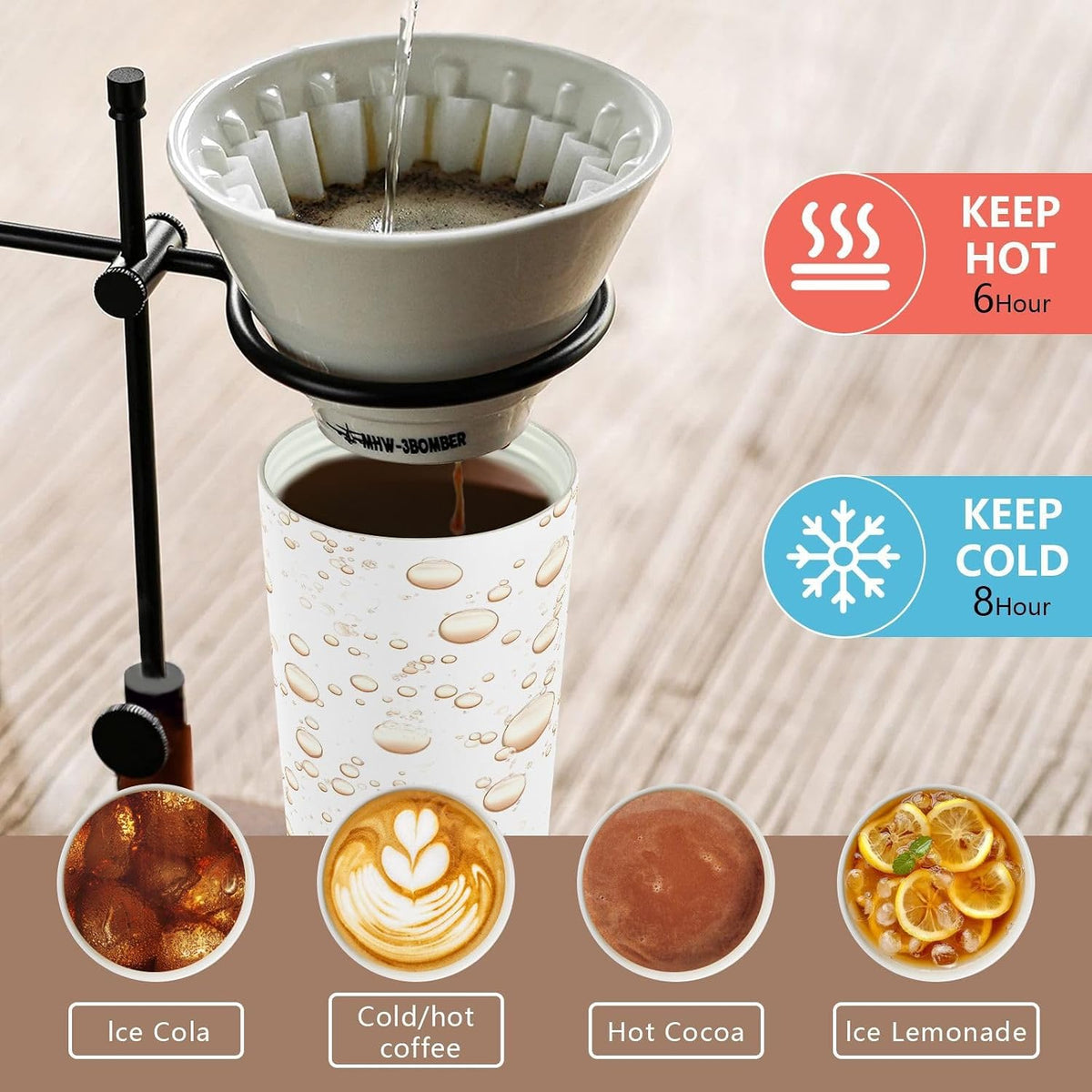 Bubbles Insulated Travel Coffee Mug Leak-Proof Tumbler with Lid and Straw Stainless Steel Water Bottle for Hot/Ice Coffee,Tea and Beer