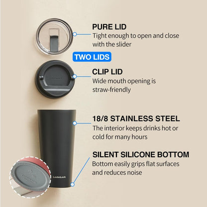 Clip Tumbler Black 18oz, Coffee Tumbler with Leak Proof Lid, BPA-Free Double Wall Stainless Steel Vacuum Insulated Travel Mug Cup for Hot & Cold Beverage