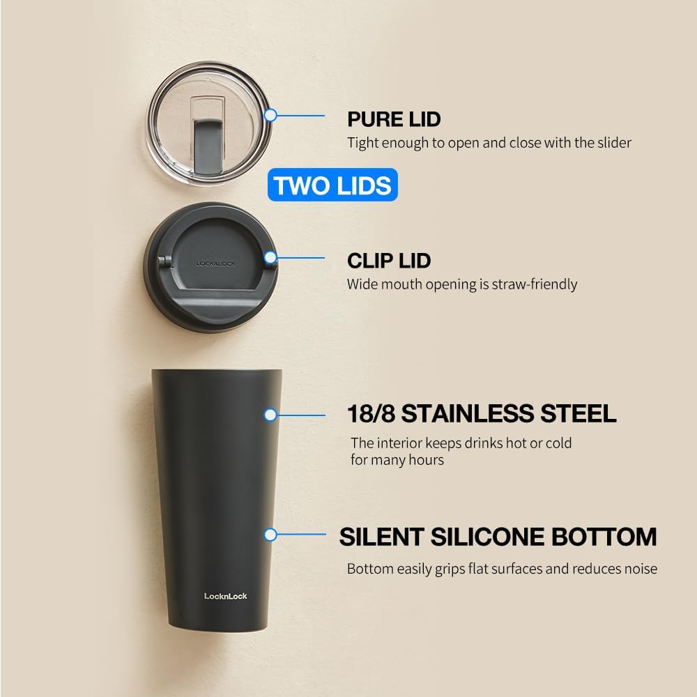 Clip Tumbler Black 18oz, Coffee Tumbler with Leak Proof Lid, BPA-Free Double Wall Stainless Steel Vacuum Insulated Travel Mug Cup for Hot & Cold Beverage