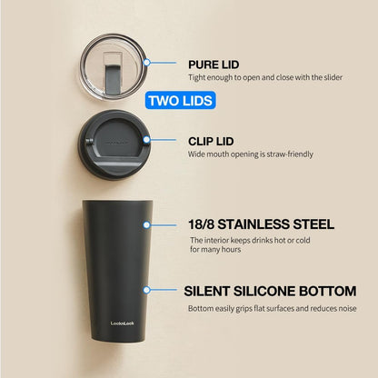 Clip Tumbler Black 18oz, Coffee Tumbler with Leak Proof Lid, BPA-Free Double Wall Stainless Steel Vacuum Insulated Travel Mug Cup for Hot & Cold Beverage