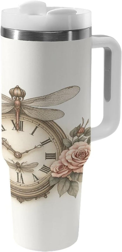 Clock with Roses And Dragonflies Tumbler Insulated Travel Coffee Mug Car Cup Stainless Steel with Lid Handle Straw 40OZ