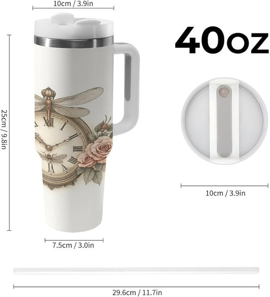 Clock with Roses And Dragonflies Tumbler Insulated Travel Coffee Mug Car Cup Stainless Steel with Lid Handle Straw 40OZ
