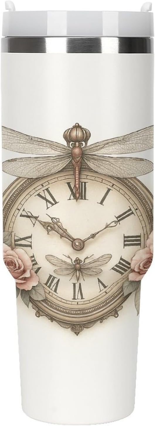 Clock with Roses And Dragonflies Tumbler Insulated Travel Coffee Mug Car Cup Stainless Steel with Lid Handle Straw 40OZ