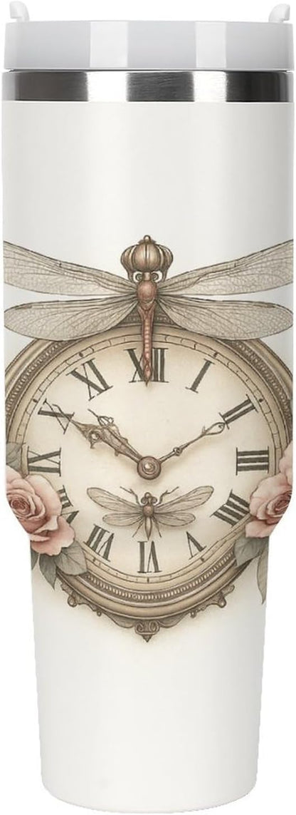 Clock with Roses And Dragonflies Tumbler Insulated Travel Coffee Mug Car Cup Stainless Steel with Lid Handle Straw 40OZ