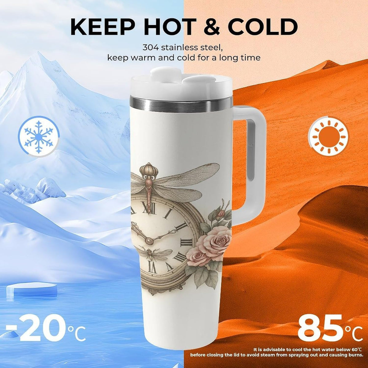 Clock with Roses And Dragonflies Tumbler Insulated Travel Coffee Mug Car Cup Stainless Steel with Lid Handle Straw 40OZ