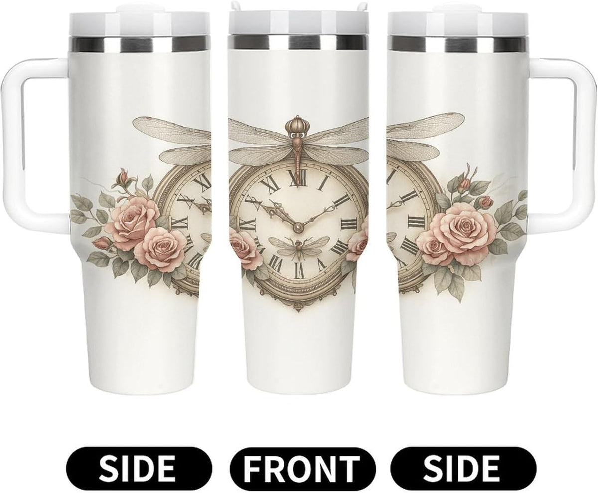Clock with Roses And Dragonflies Tumbler Insulated Travel Coffee Mug Car Cup Stainless Steel with Lid Handle Straw 40OZ