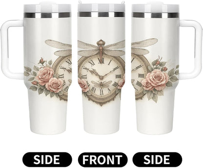 Clock with Roses And Dragonflies Tumbler Insulated Travel Coffee Mug Car Cup Stainless Steel with Lid Handle Straw 40OZ
