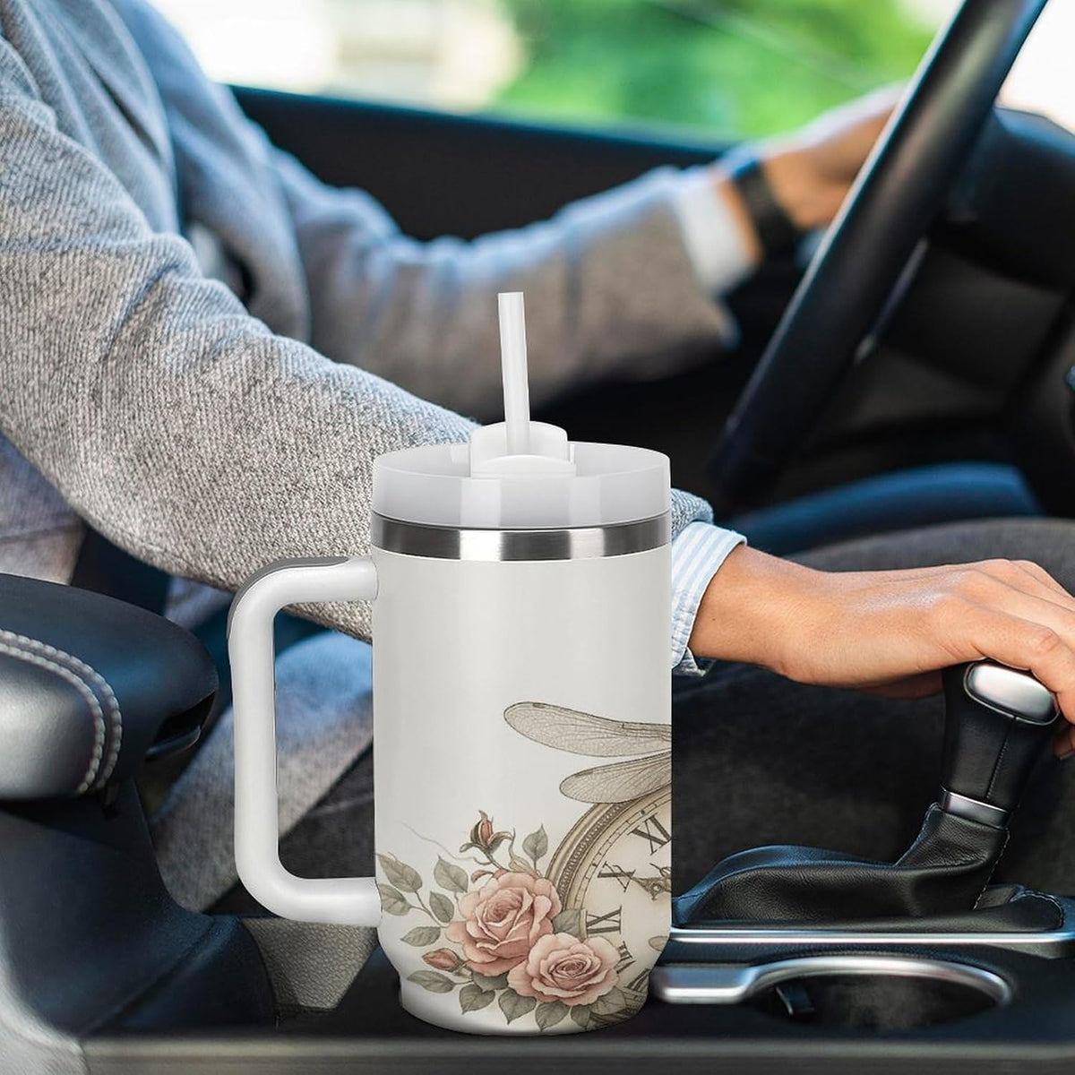 Clock with Roses And Dragonflies Tumbler Insulated Travel Coffee Mug Car Cup Stainless Steel with Lid Handle Straw 40OZ