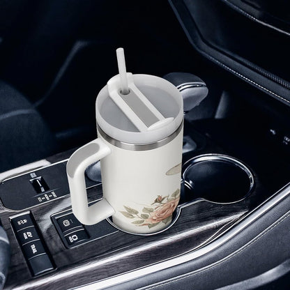 Clock with Roses And Dragonflies Tumbler Insulated Travel Coffee Mug Car Cup Stainless Steel with Lid Handle Straw 40OZ