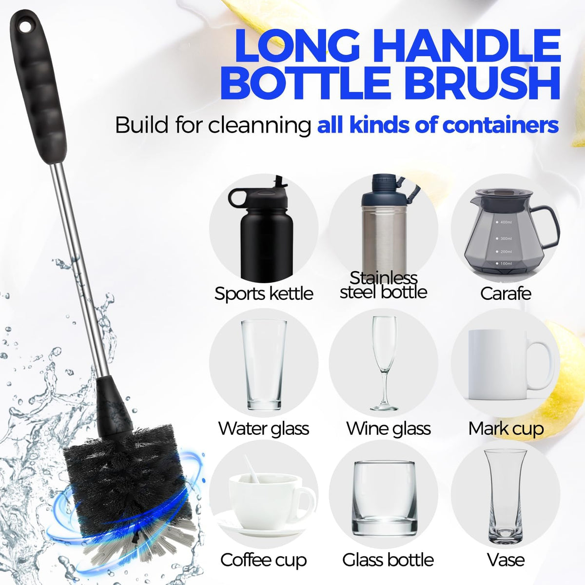 4 Pack Bottle Brush 14" Stainless Steel Straw Cleaner Brush,Black