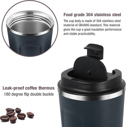 12oz (380ml) Vacuum Insulated Coffee Travel Mug, Leak proof Double Wall Stainless Steel Reusable Cup with Lid, Thermal Tumbler for Hot and Cold Drinks, Matte Texture Black