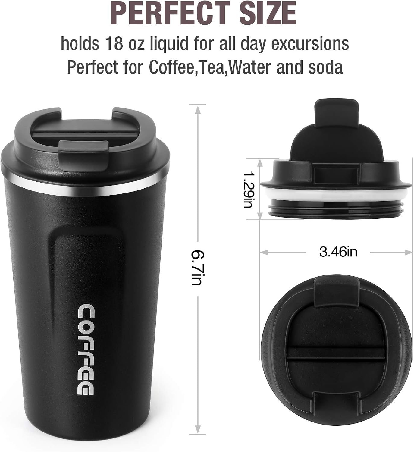 12oz (380ml) Vacuum Insulated Coffee Travel Mug, Leak proof Double Wall Stainless Steel Reusable Cup with Lid, Thermal Tumbler for Hot and Cold Drinks, Matte Texture Black