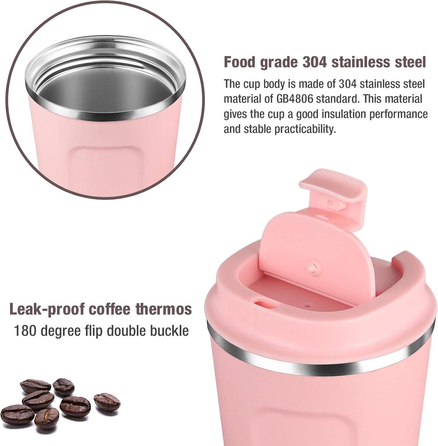 12oz (380ml) Vacuum Insulated Coffee Travel Mug, Leak proof Double Wall Stainless Steel Reusable Cup with Lid, Thermal Tumbler for Hot and Cold Drinks, Matte Texture Black