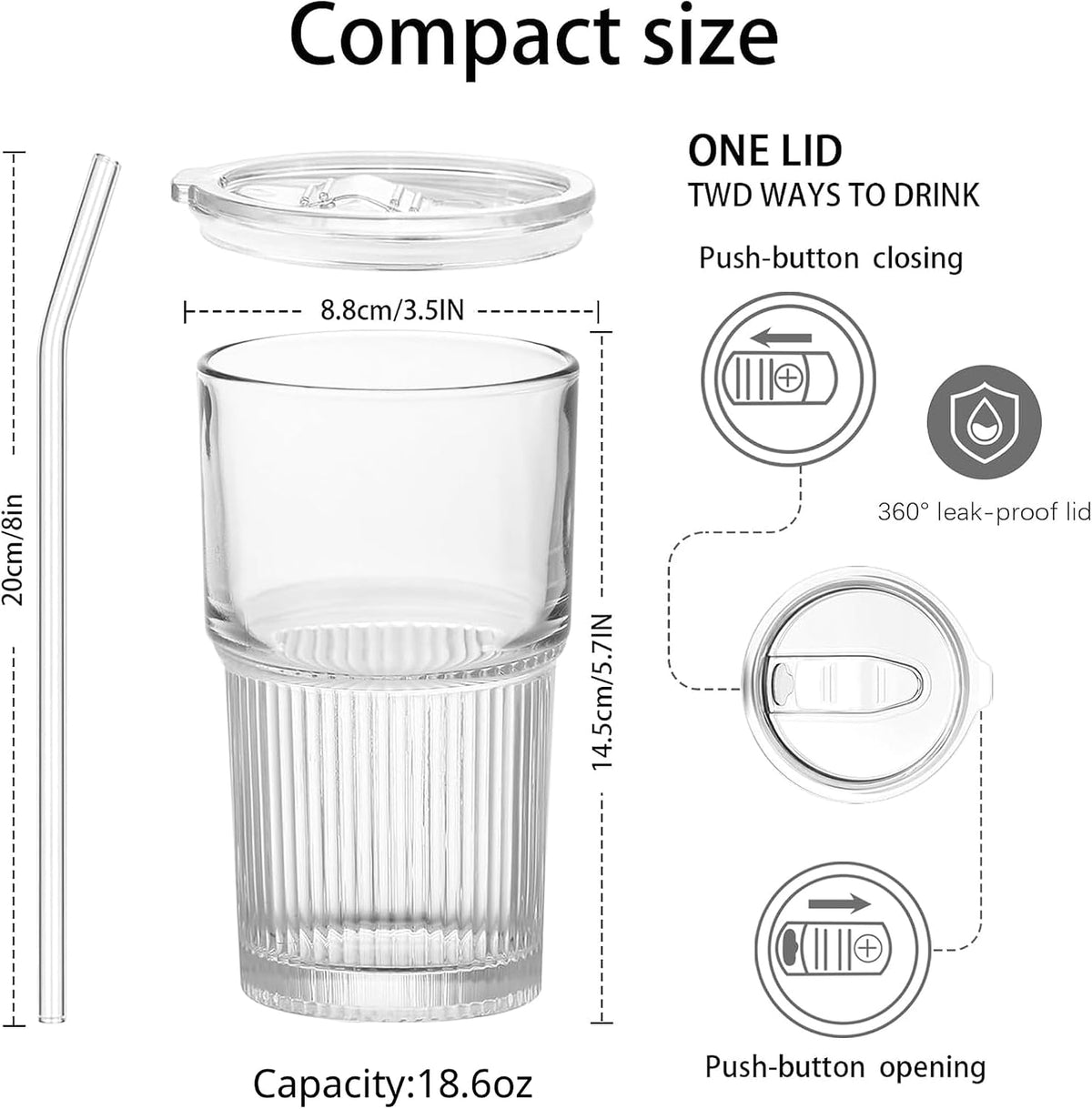 Glass Cup with Lid and Straw, 18.6 oz Ribbed Iced Coffee Tumbler, Leakproof Reusable Drinking Glass for Smoothie, Boba, Water, Single Pack with Straw Brush, Dishwasher Safe