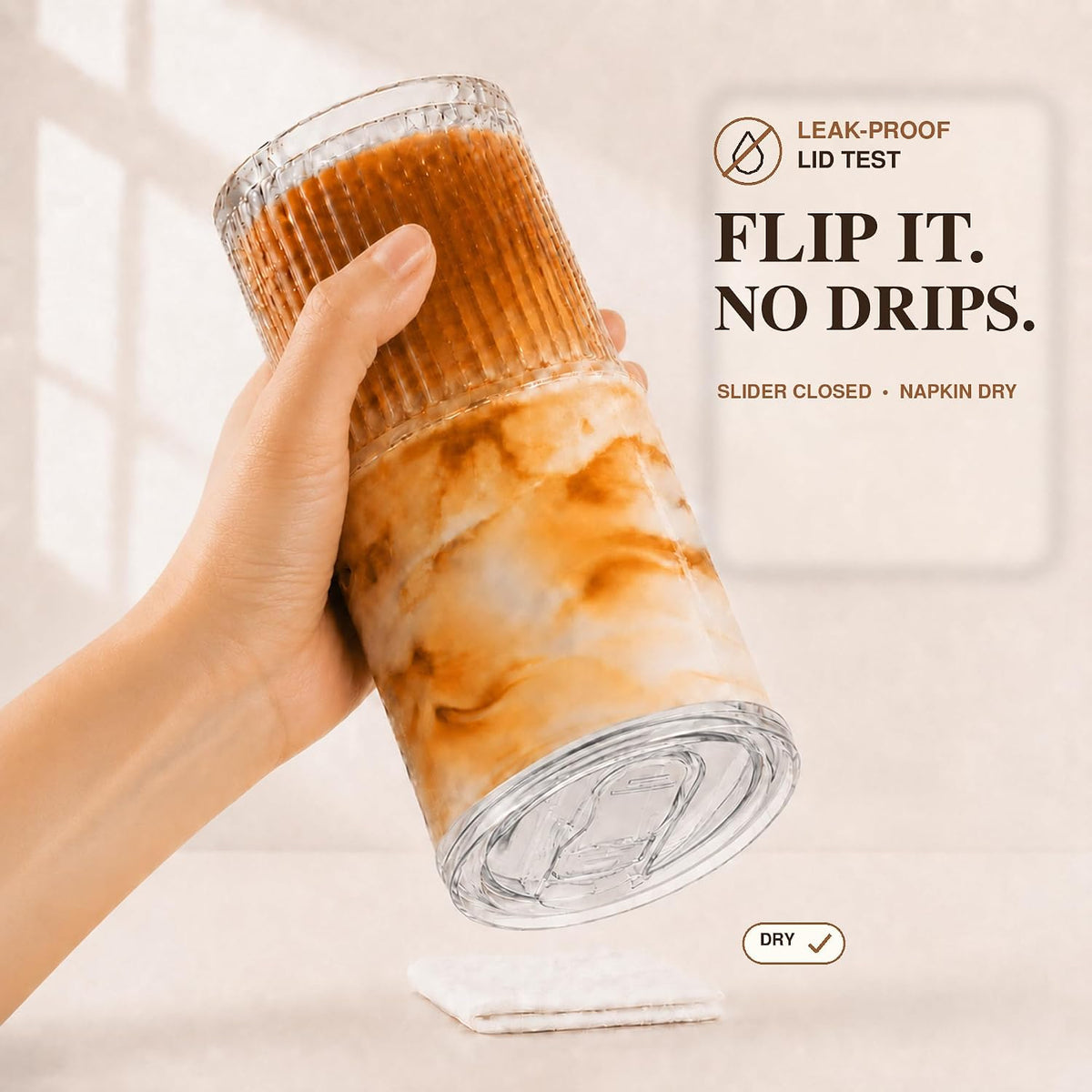 Glass Cup with Lid and Straw, 18.6 oz Ribbed Iced Coffee Tumbler, Leakproof Reusable Drinking Glass for Smoothie, Boba, Water, Single Pack with Straw Brush, Dishwasher Safe