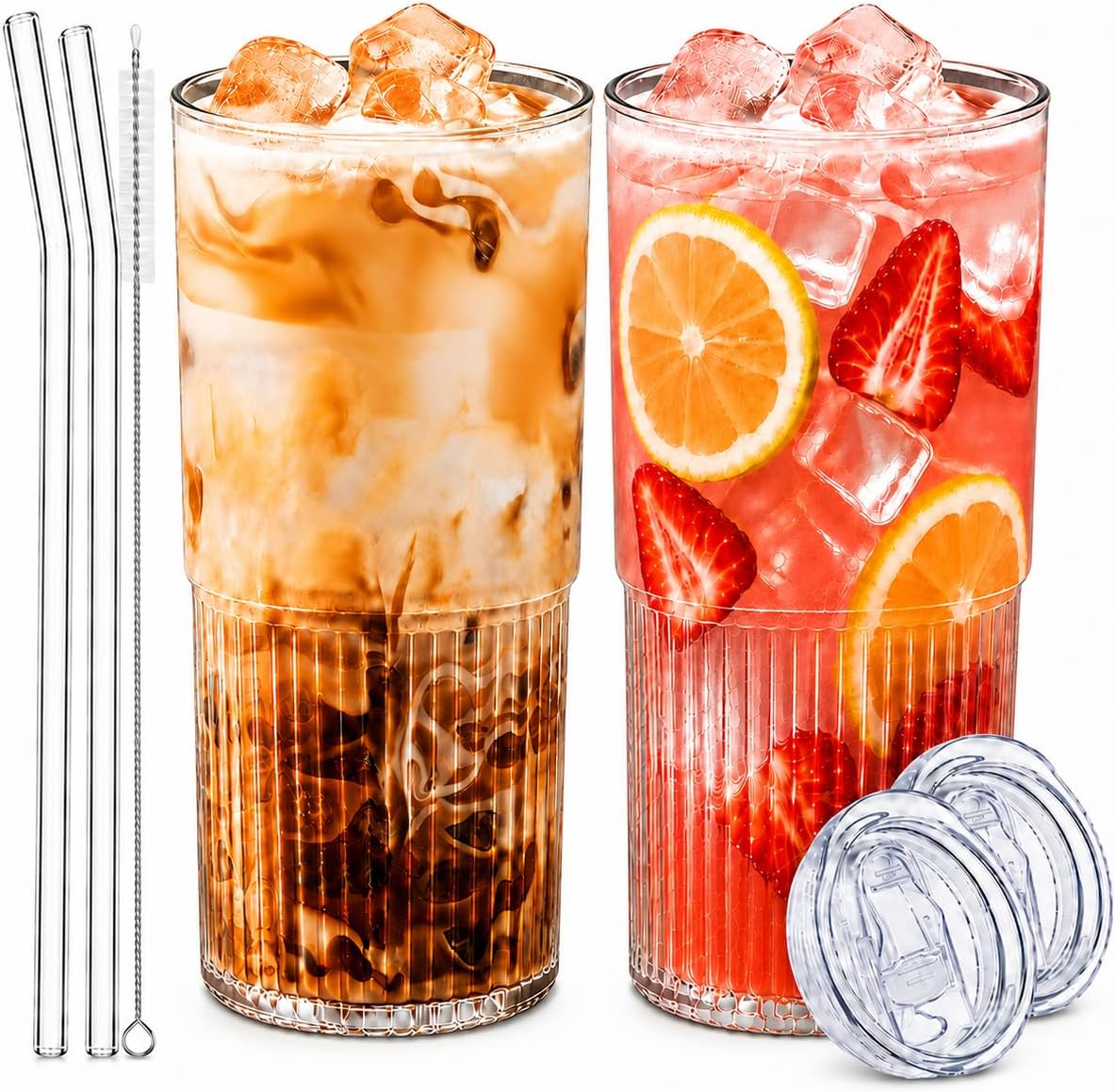 Glass Cup with Lid and Straw, 18.6 oz Ribbed Iced Coffee Tumbler, Leakproof Reusable Drinking Glass for Smoothie, Boba, Water, Single Pack with Straw Brush, Dishwasher Safe