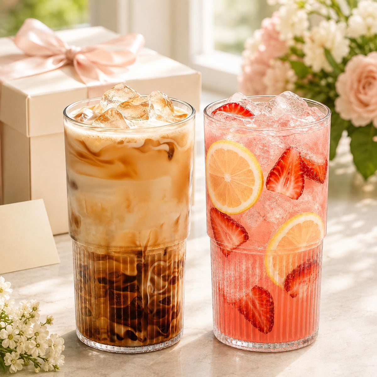 Glass Cup with Lid and Straw, 18.6 oz Ribbed Iced Coffee Tumbler, Leakproof Reusable Drinking Glass for Smoothie, Boba, Water, Single Pack with Straw Brush, Dishwasher Safe