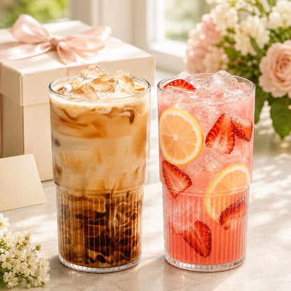 Glass Cup with Lid and Straw, 18.6 oz Ribbed Iced Coffee Tumbler, Leakproof Reusable Drinking Glass for Smoothie, Boba, Water, Single Pack with Straw Brush, Dishwasher Safe