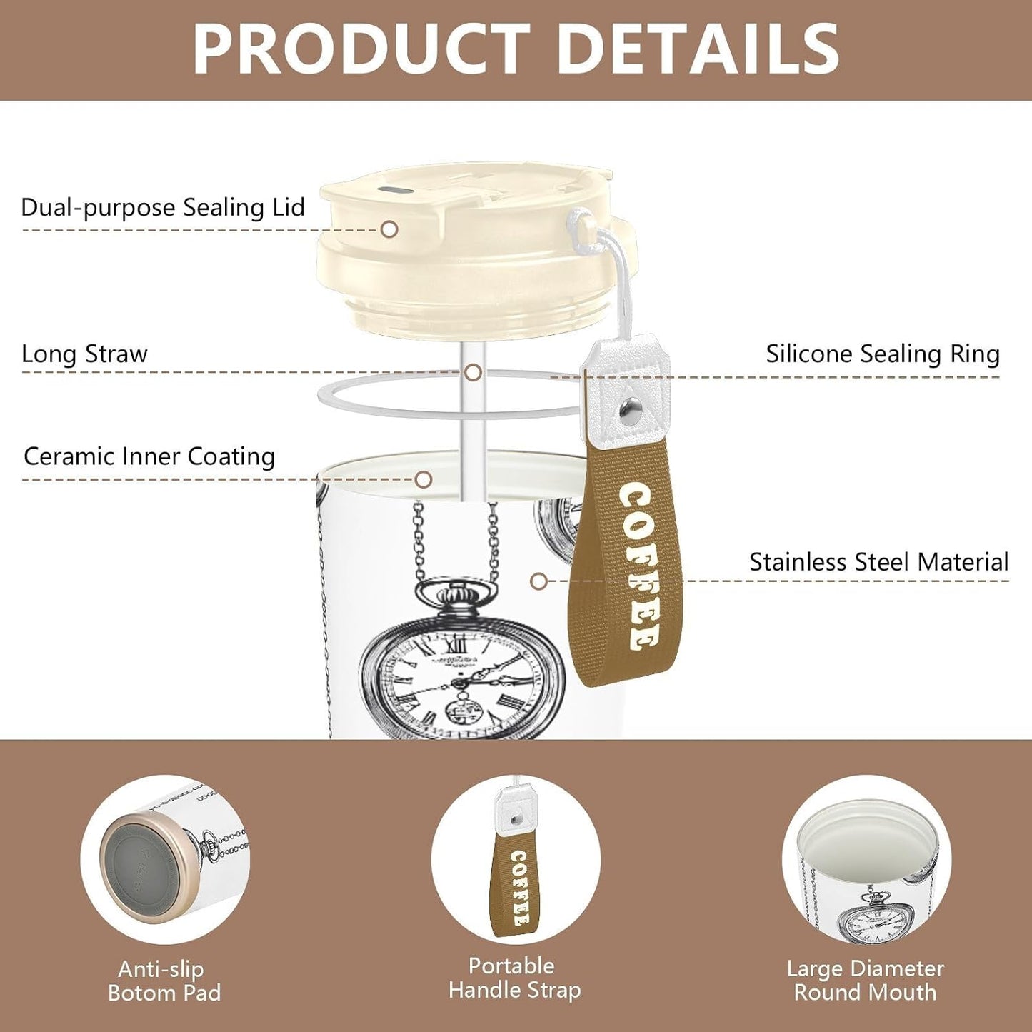 Clock Insulated Travel Coffee Mug 17oz,Reusable Stainless Steel Coffee Tumbler Cup with Flip Lid Leak Proof Spill Proof for Office School Party Camping Hot and Cold Drink