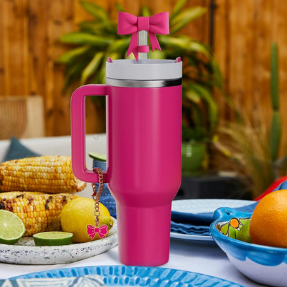 Compatible with Stanley Cup Accessories - 3Pcs 10mm Bow Straw Topper Compatible with Stanley Cup Straw Cover Cap, 2pcs Pink Bow Charms for Stanley 30&40 Oz Tumbler with Handle