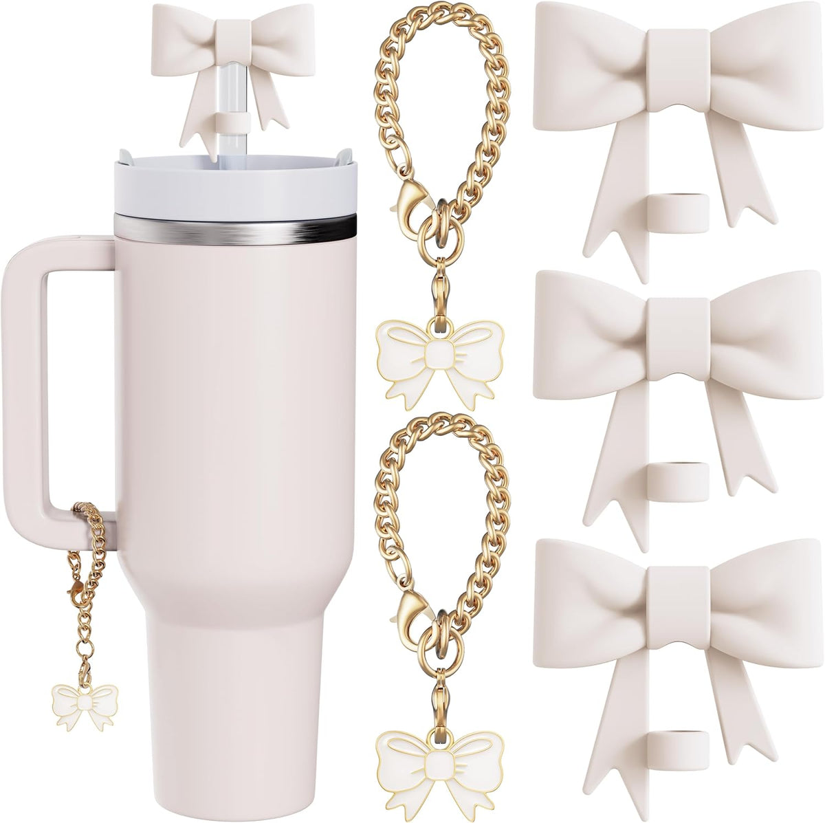 Compatible with Stanley Cup Accessories - 3Pcs 10mm Bow Straw Topper Compatible with Stanley Cup Straw Cover Cap, 2pcs Pink Bow Charms for Stanley 30&40 Oz Tumbler with Handle