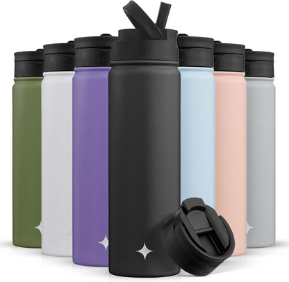 Triple Insulated Water Bottle with Straw Lid AND Flip Lid! 22oz Water Bottle, 12 Hour Hot/Cold Vacuum Insulated Stainless Steel Water Bottle. BPA-Free Leakproof Water Bottles - Thermos Bottle