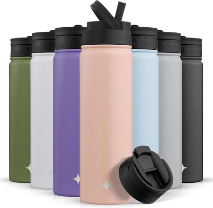 Triple Insulated Water Bottle with Straw Lid AND Flip Lid! 22oz Water Bottle, 12 Hour Hot/Cold Vacuum Insulated Stainless Steel Water Bottle. BPA-Free Leakproof Water Bottles - Thermos Bottle