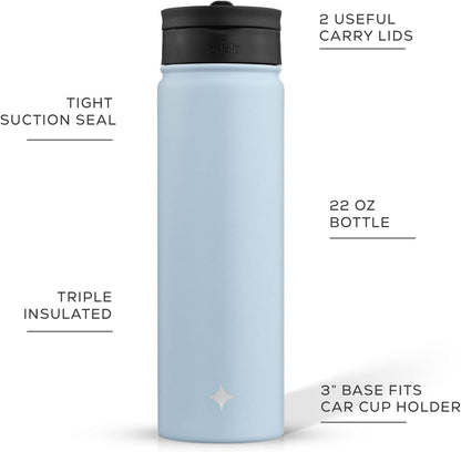 Triple Insulated Water Bottle with Straw Lid AND Flip Lid! 22oz Water Bottle, 12 Hour Hot/Cold Vacuum Insulated Stainless Steel Water Bottle. BPA-Free Leakproof Water Bottles - Thermos Bottle