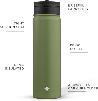 Triple Insulated Water Bottle with Straw Lid AND Flip Lid! 22oz Water Bottle, 12 Hour Hot/Cold Vacuum Insulated Stainless Steel Water Bottle. BPA-Free Leakproof Water Bottles - Thermos Bottle