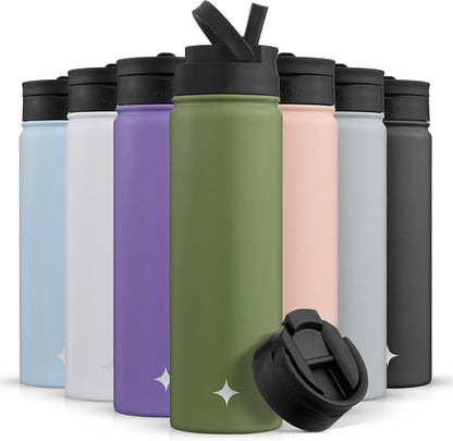 Triple Insulated Water Bottle with Straw Lid AND Flip Lid! 22oz Water Bottle, 12 Hour Hot/Cold Vacuum Insulated Stainless Steel Water Bottle. BPA-Free Leakproof Water Bottles - Thermos Bottle