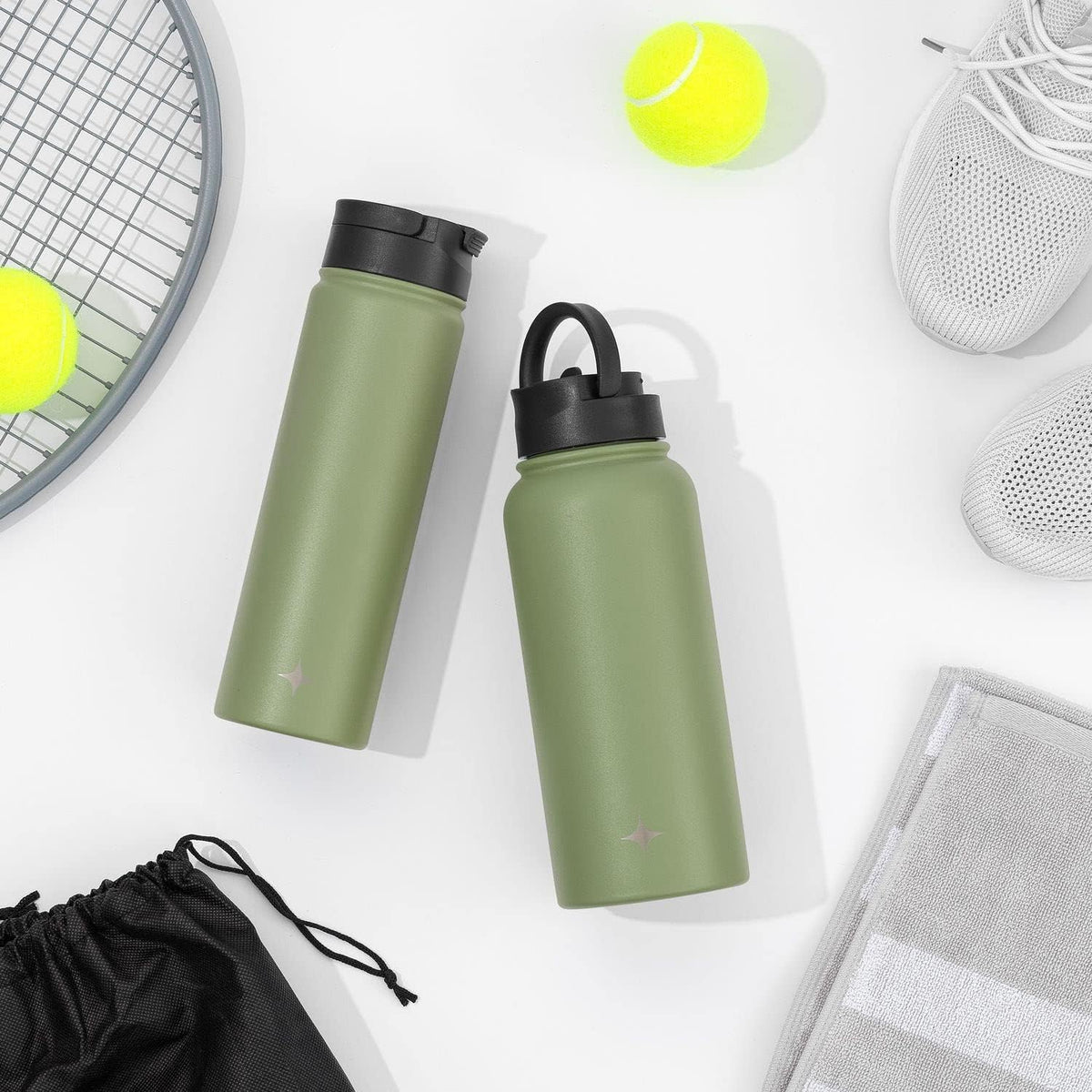 Triple Insulated Water Bottle with Straw Lid AND Flip Lid! 22oz Water Bottle, 12 Hour Hot/Cold Vacuum Insulated Stainless Steel Water Bottle. BPA-Free Leakproof Water Bottles - Thermos Bottle